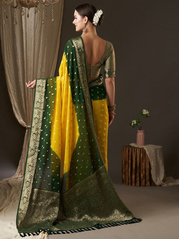 Anouk Yellow & Green Woven Design Zari Pure Georgette Kanjeevaram Saree - Distacart