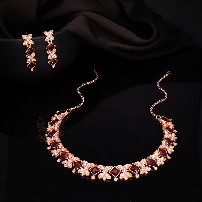 Tehzeeb Creations Rose Gold-Polished Maroon Choker Necklace With Dangle Earrings - Distacart