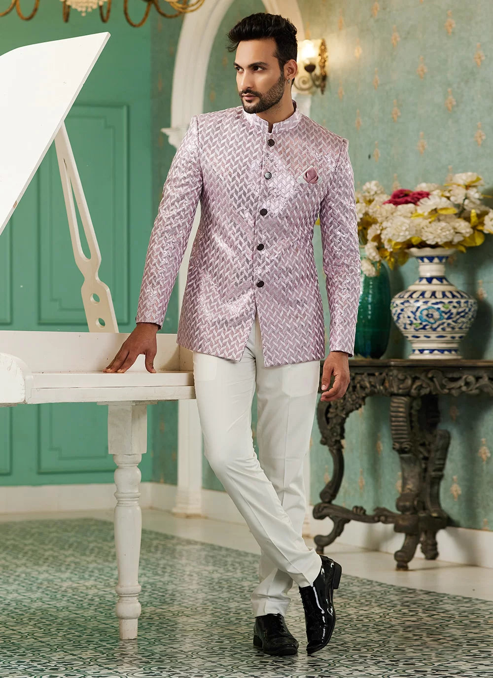 Raivat Ethnic Art Silk Embroidery and Thread Work Jodhpuri in Onion Pink Colour