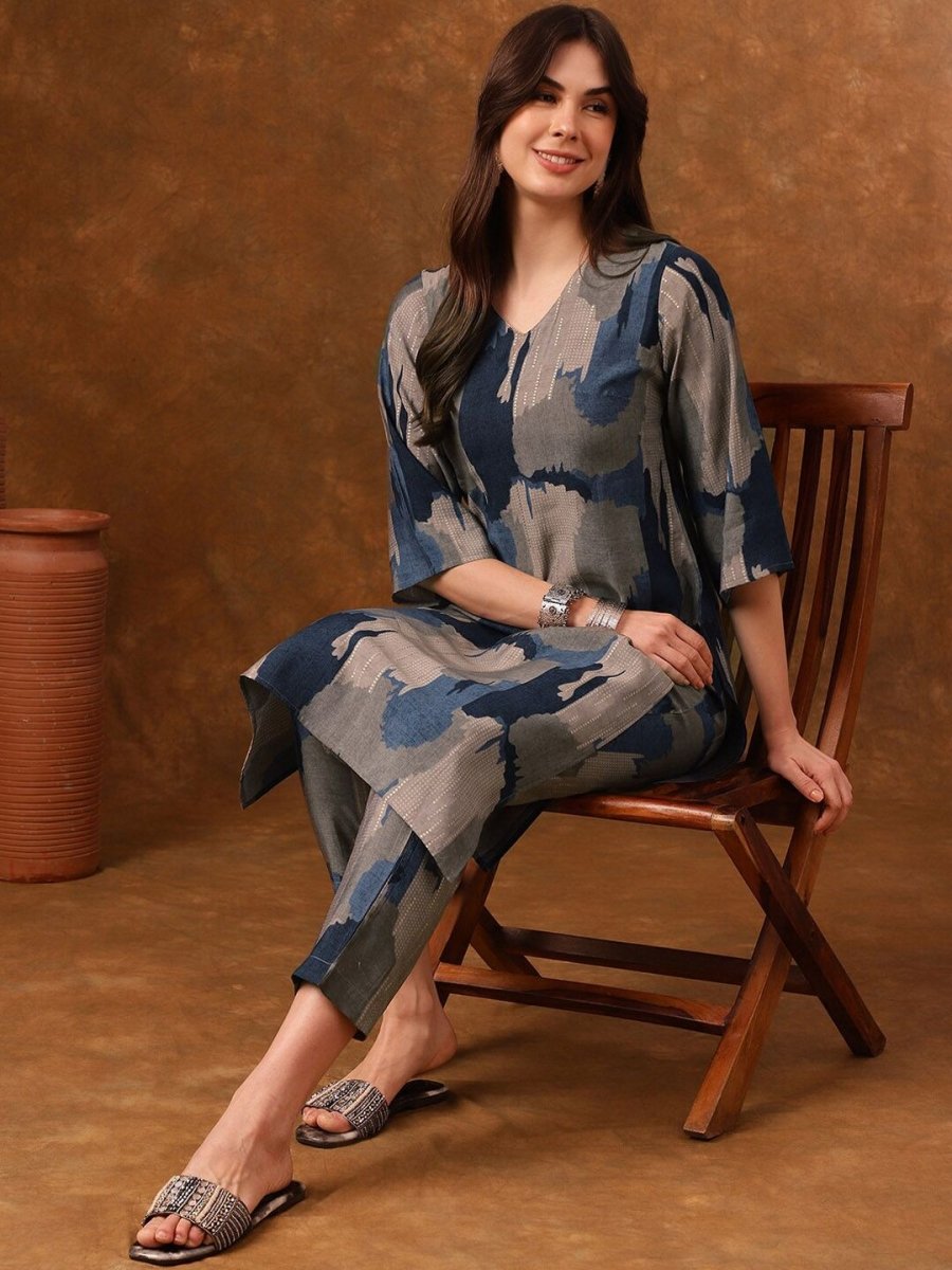 Anouk Grey Abstract Printed Regular Kurta with Trousers - Distacart