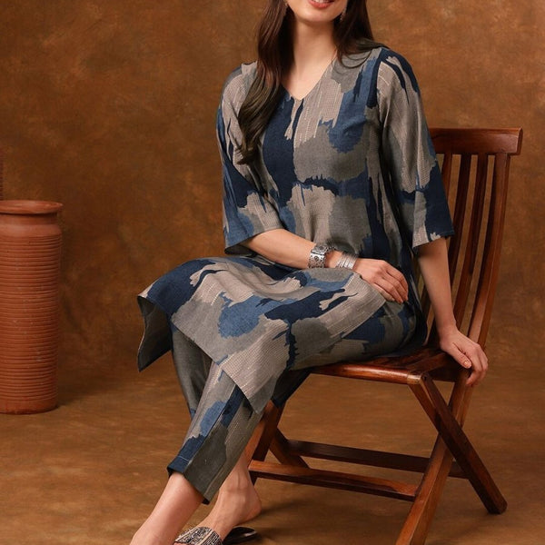 Anouk Grey Abstract Printed Regular Kurta with Trousers - Distacart