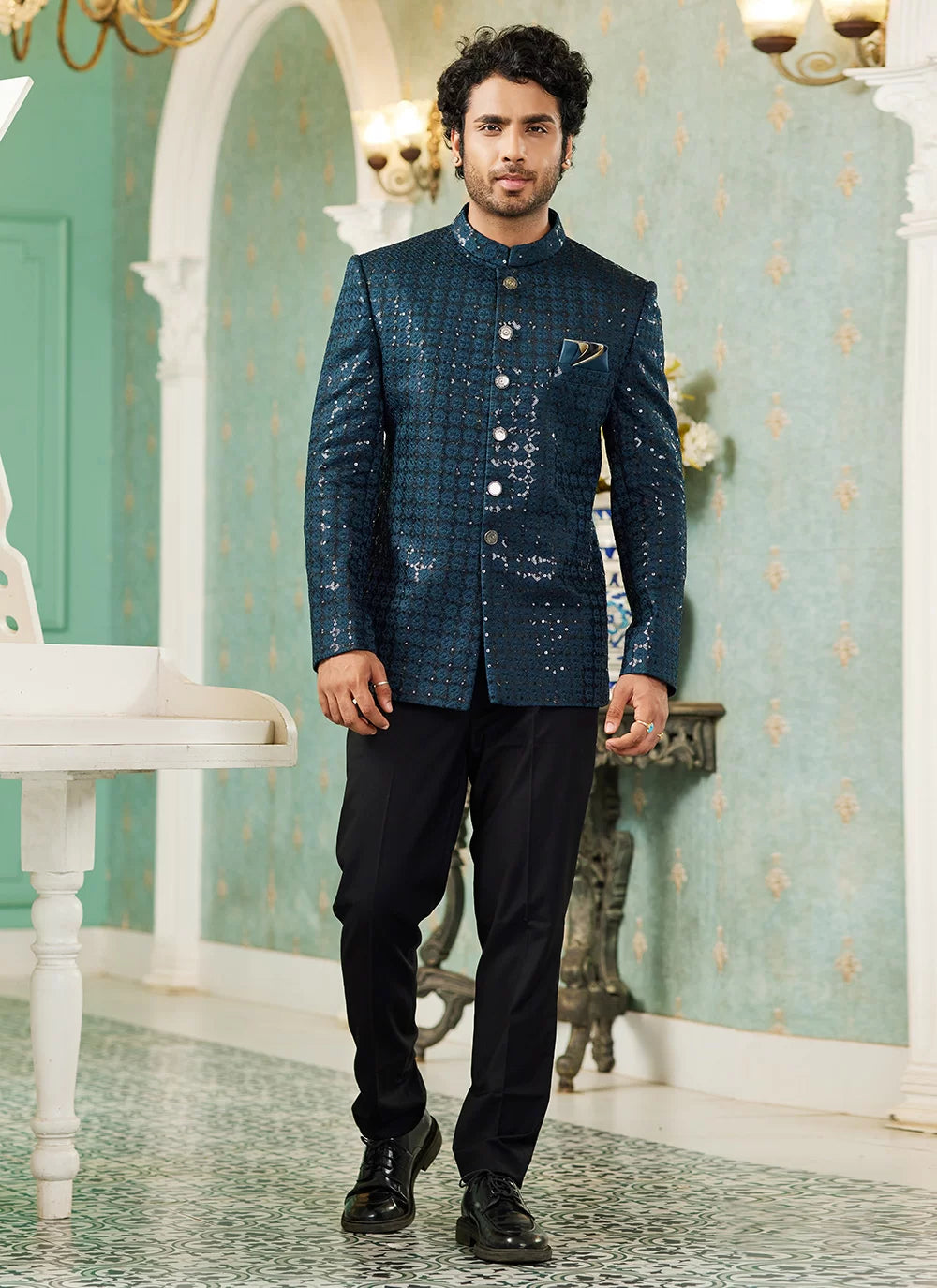 Raivat Ethnic Art Silk Embroidery and Thread Work Jodhpuri in Teal Green Colour