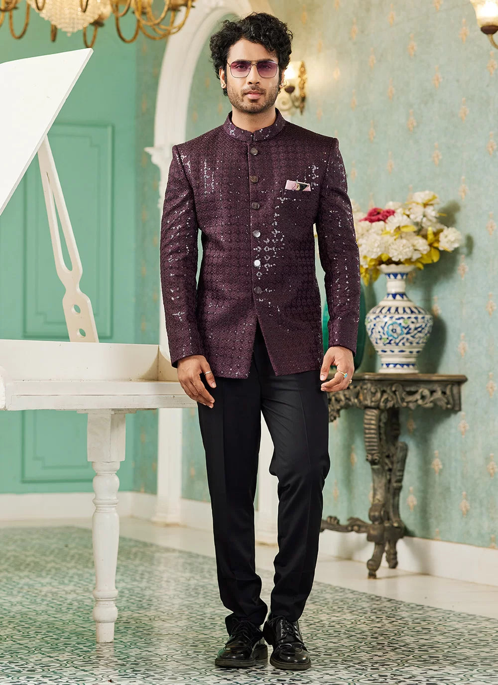 Raivat Ethnic Art Silk Embroidery and Thread Work Jodhpuri in Wine Colour - Distacart