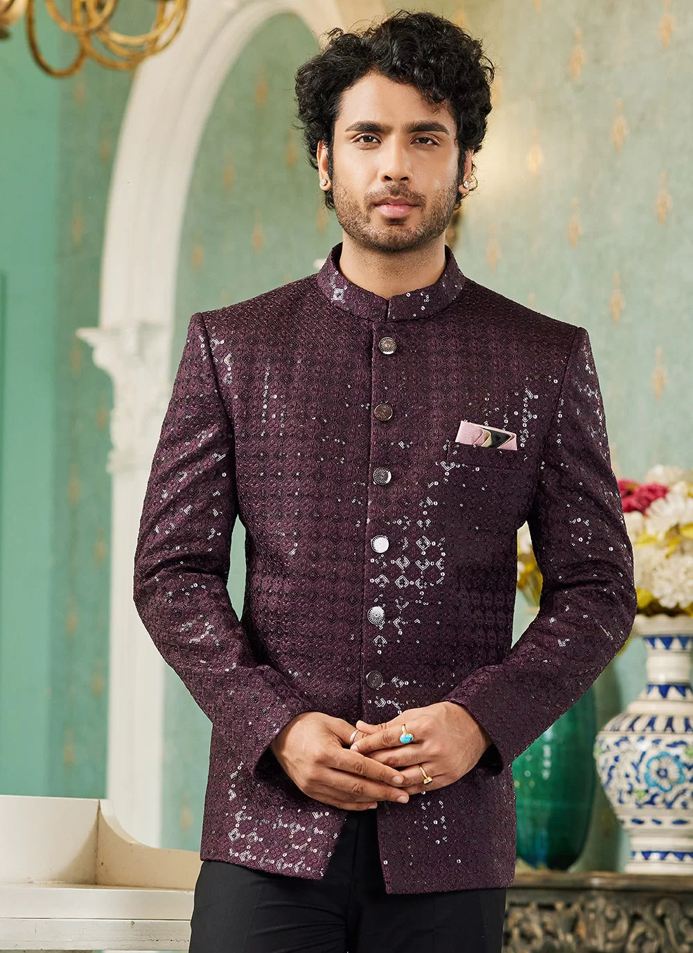 Raivat Ethnic Art Silk Embroidery and Thread Work Jodhpuri in Wine Colour - Distacart