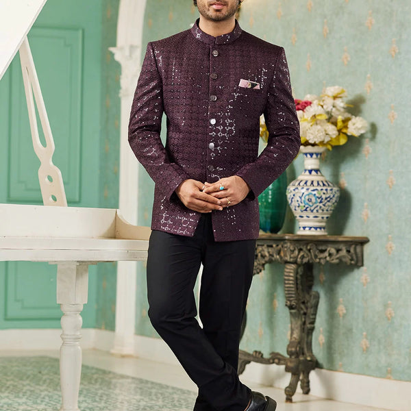 Raivat Ethnic Art Silk Embroidery and Thread Work Jodhpuri in Wine Colour