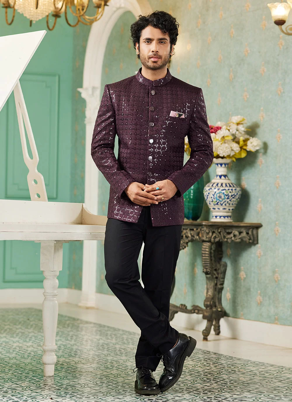 Raivat Ethnic Art Silk Embroidery and Thread Work Jodhpuri in Wine Colour - Distacart