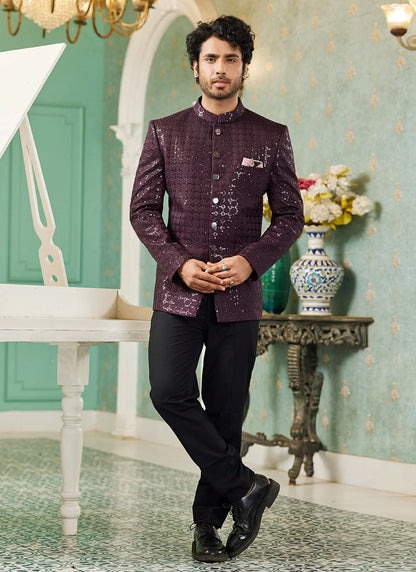 Raivat Ethnic Art Silk Embroidery and Thread Work Jodhpuri in Wine Colour - Distacart