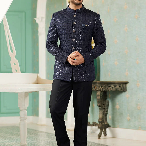 Raivat Ethnic Art Silk Embroidery and Thread Work Jodhpuri in Navy Blue Colour