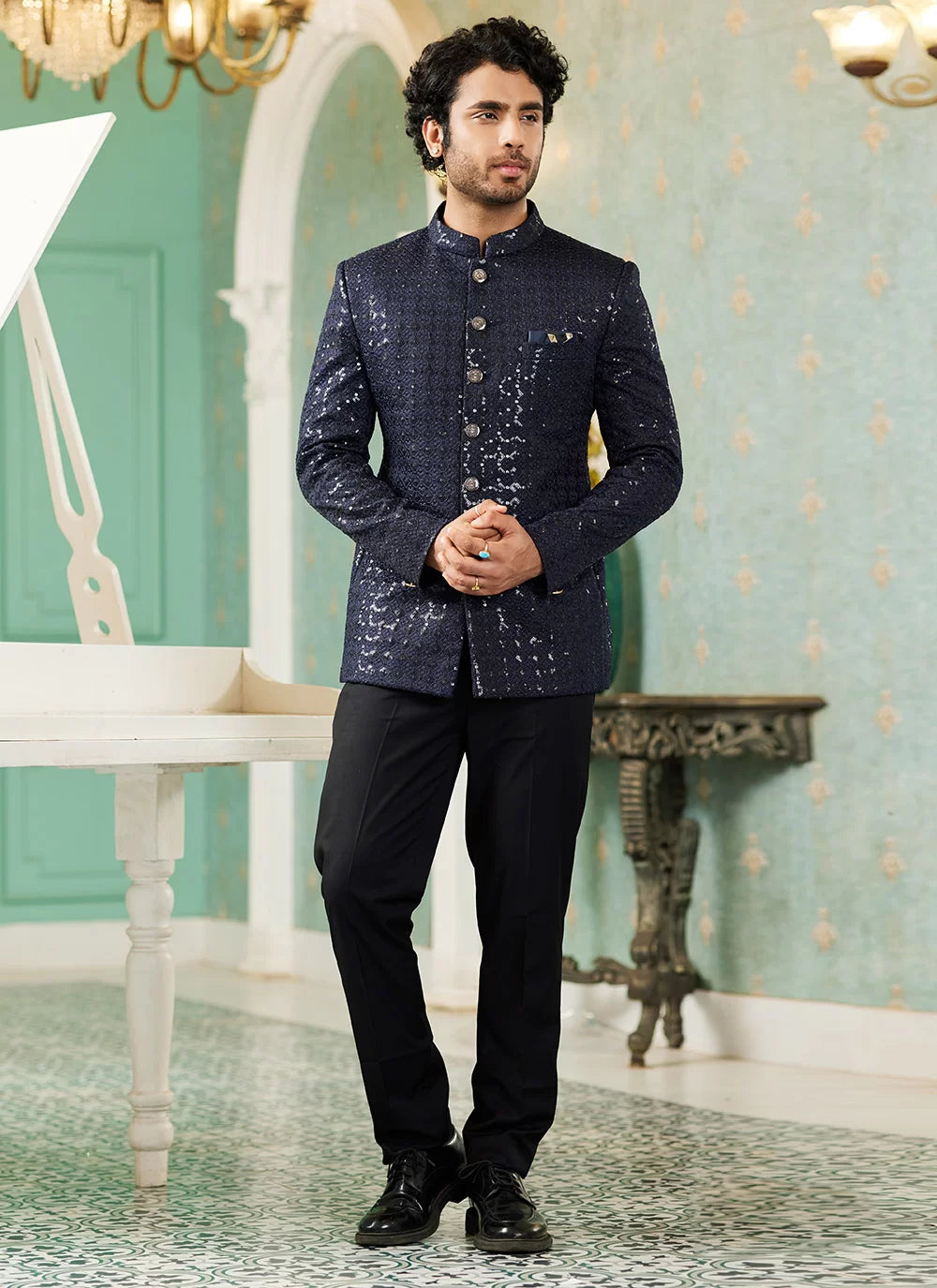 Raivat Ethnic Art Silk Embroidery and Thread Work Jodhpuri in Navy Blue Colour