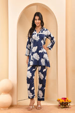 Thumbnail for Vaasva Women Navy Pleated Cotton Printed Cord Set With Lace