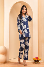 Thumbnail for Vaasva Women Navy Pleated Cotton Printed Cord Set With Lace