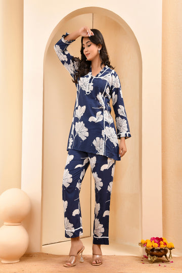 Vaasva Women Navy Pleated Cotton Printed Cord Set With Lace - Distacart