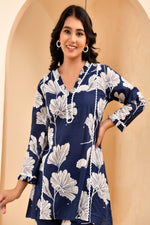 Thumbnail for Vaasva Women Navy Pleated Cotton Printed Cord Set With Lace