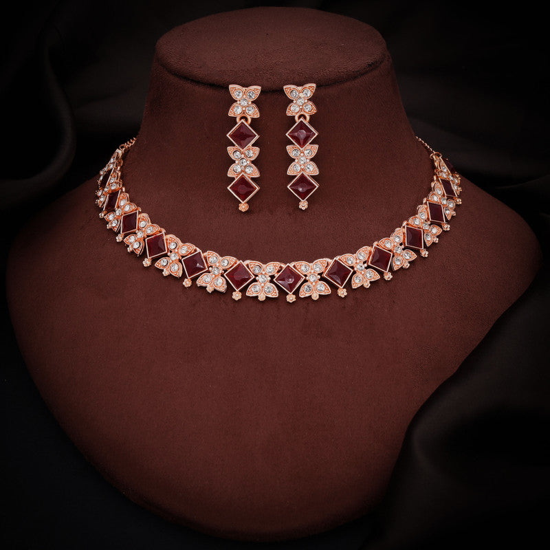 Tehzeeb Creations Rose Gold-Polished Maroon Choker Necklace With Dangle Earrings - Distacart
