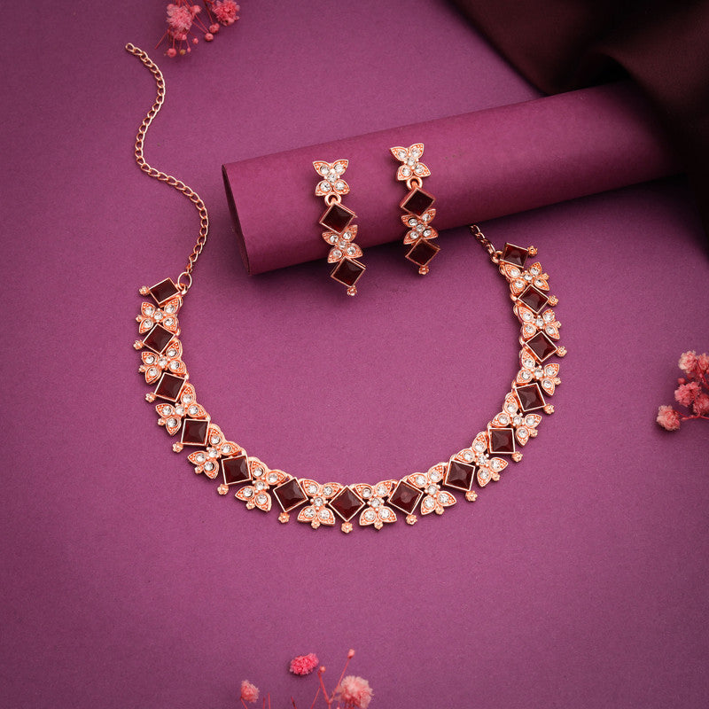 Tehzeeb Creations Rose Gold-Polished Maroon Choker Necklace With Dangle Earrings - Distacart