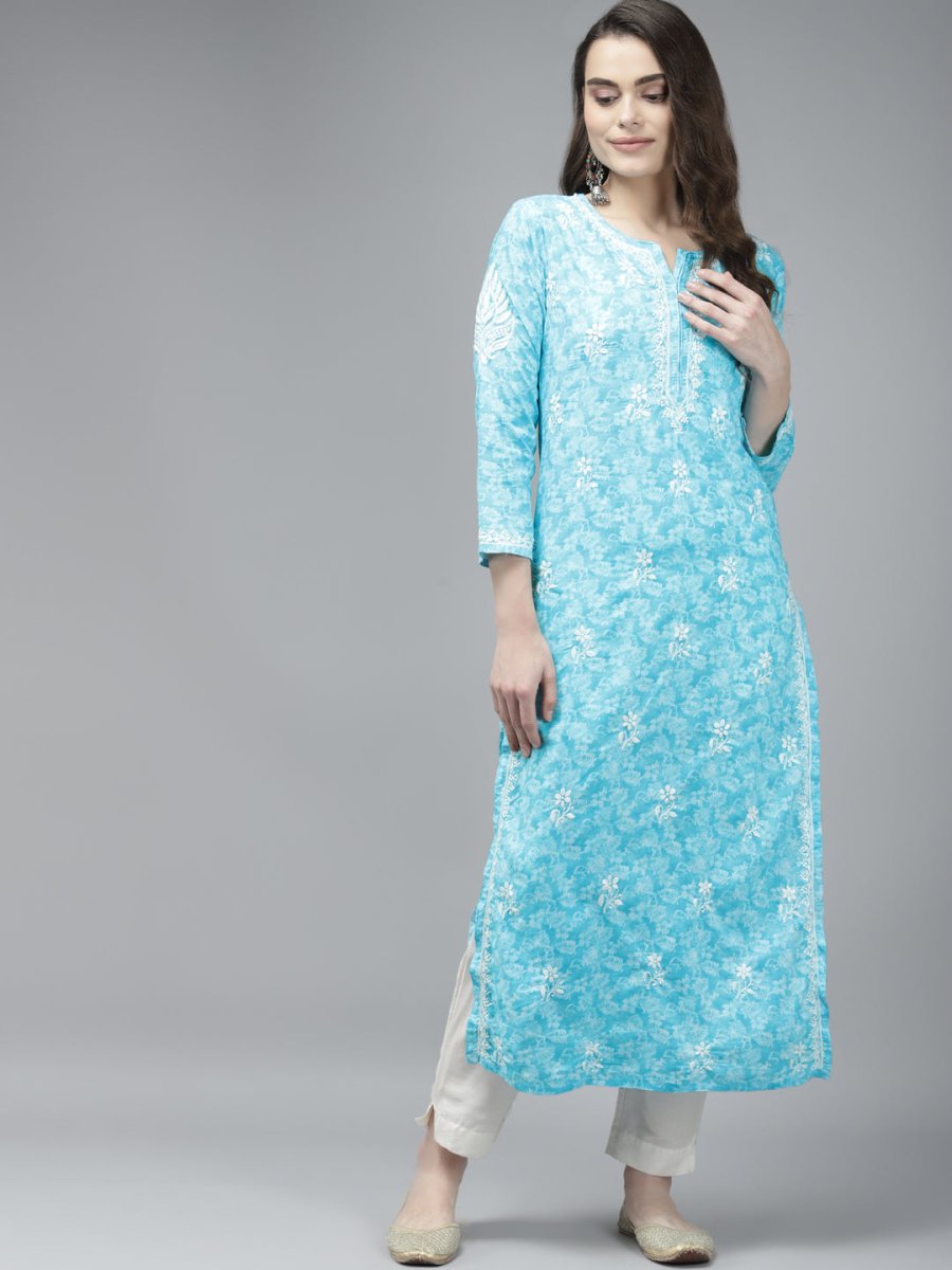 ADA Women Blue & White Floral Chikankari Cotton Handloom Kurta - Distacart