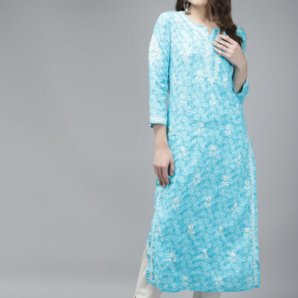 ADA Women Blue & White Floral Chikankari Cotton Handloom Kurta - Distacart
