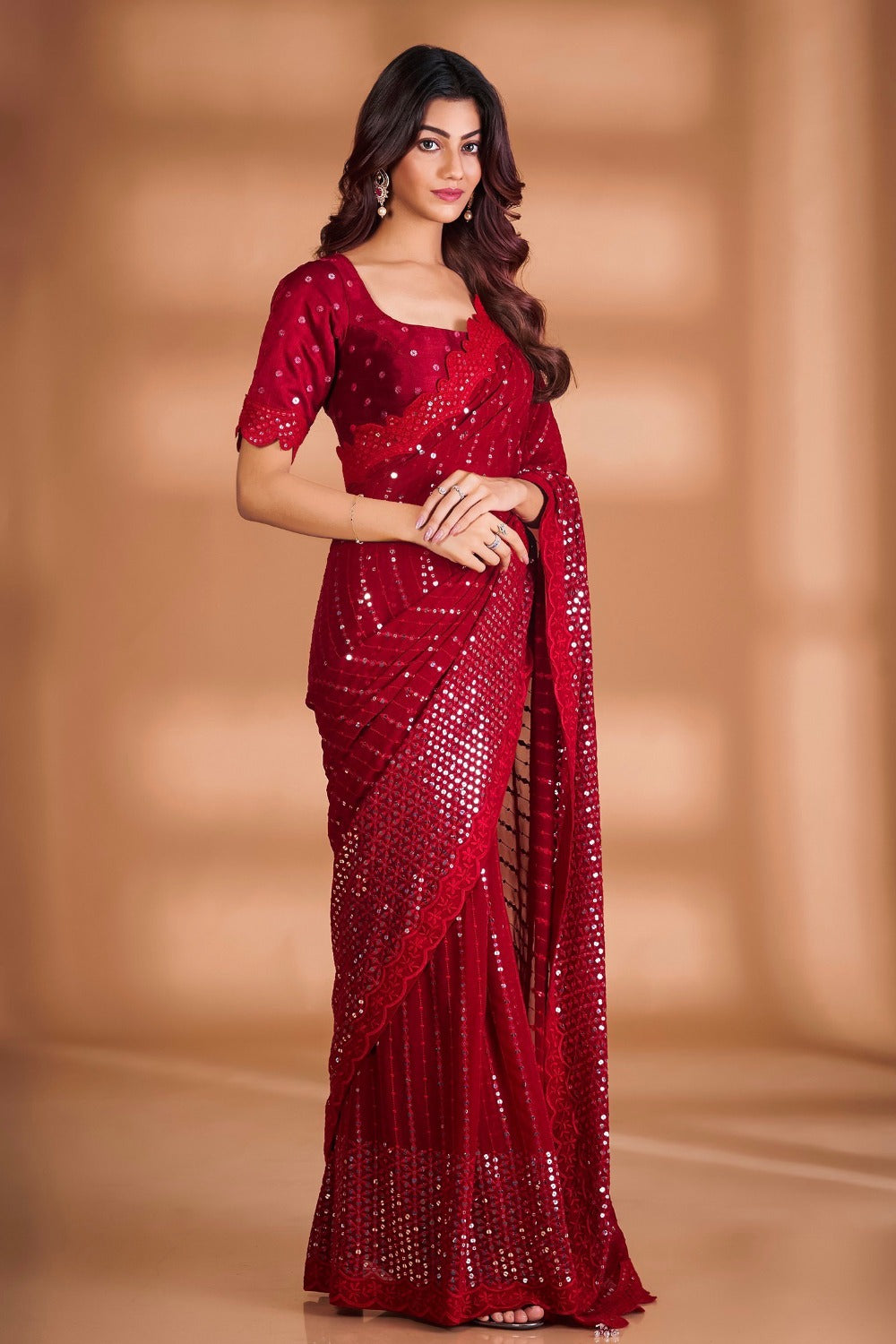 Teeya Creation Red Color Georgette Embroidery Work Saree - Distacart