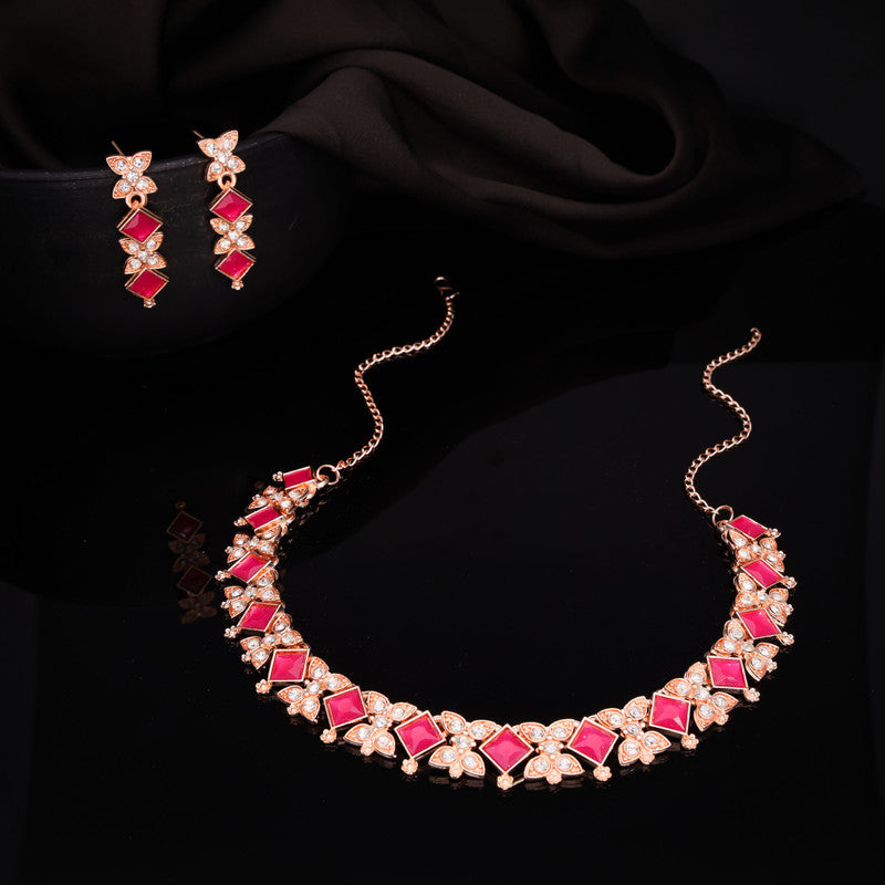 Tehzeeb Creations Rose Gold-Polished Pink Choker Necklace With Dangle Earrings - Distacart