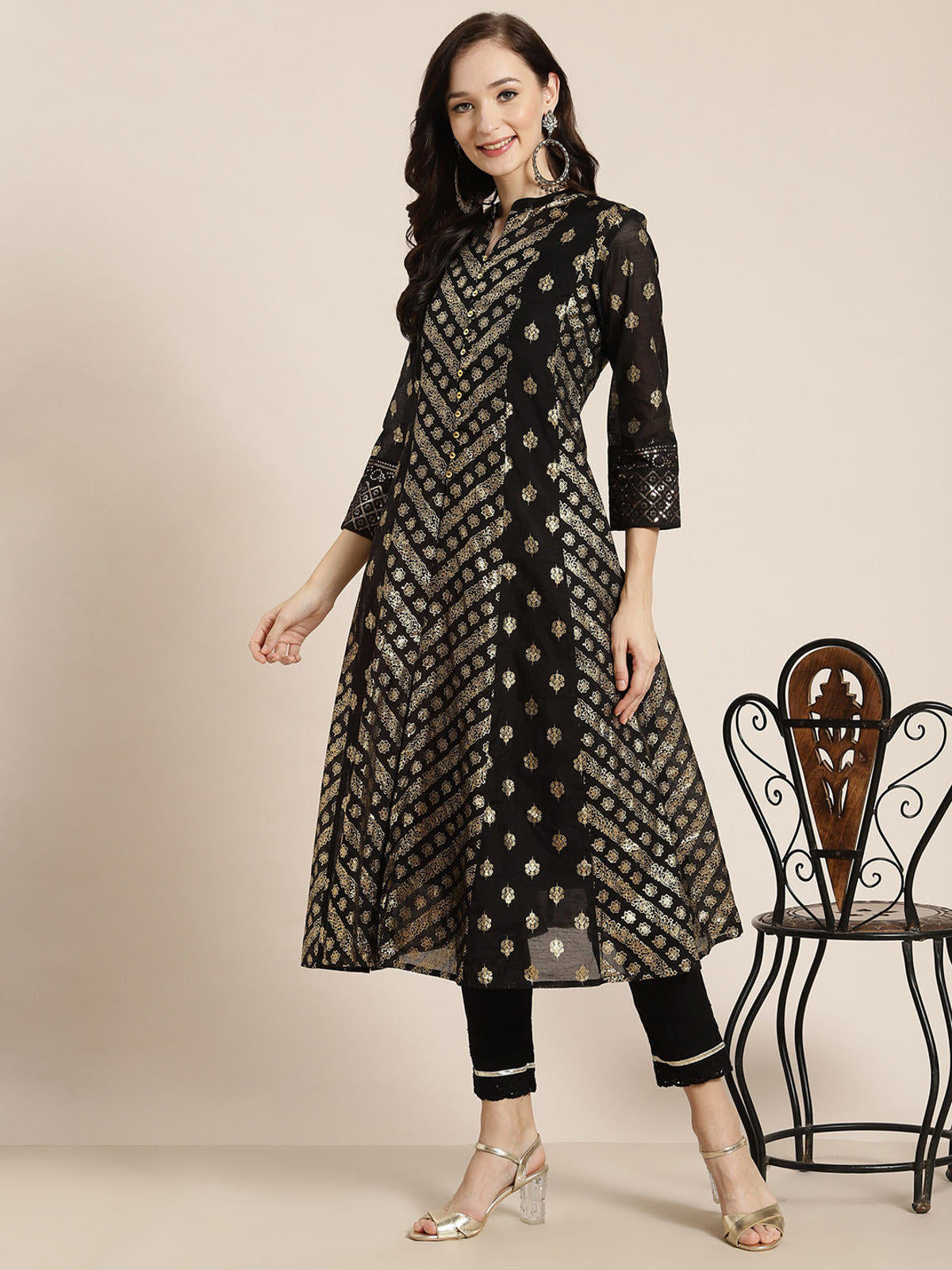 Juniper Women's Juniper Women`s Black Chanderi Silk Printed Anarkali Kurta - Distacart