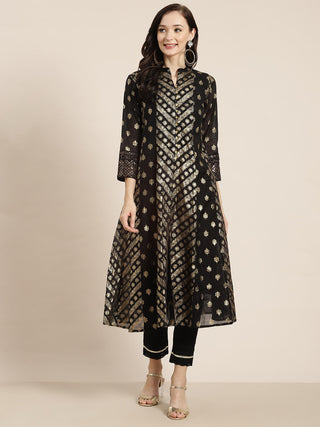 Juniper Women's Juniper Women`s Black Chanderi Silk Printed Anarkali Kurta - Distacart