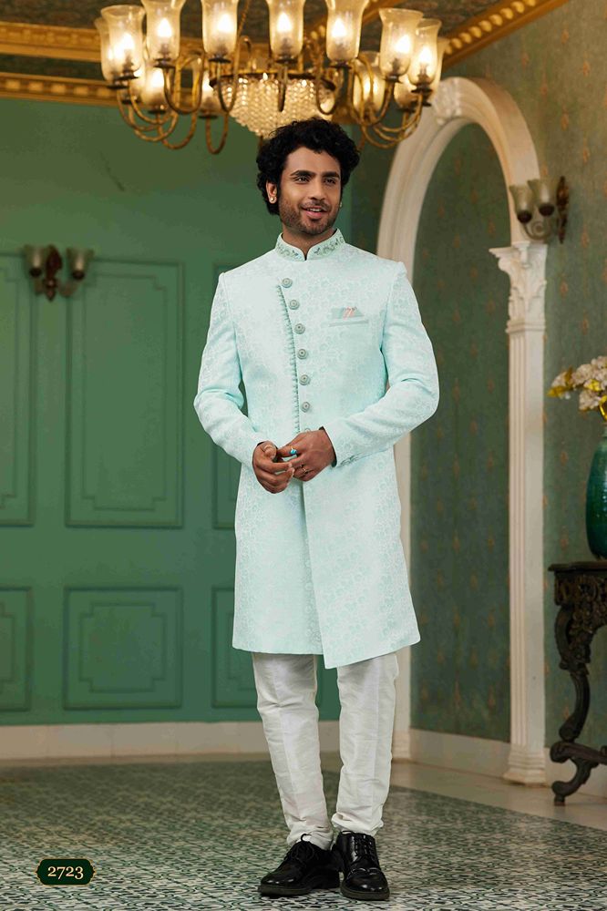 Raivat Ethnic Mens Jacquard Silk Embroidery Work Sherwani In Sky Blue Colour - Dista