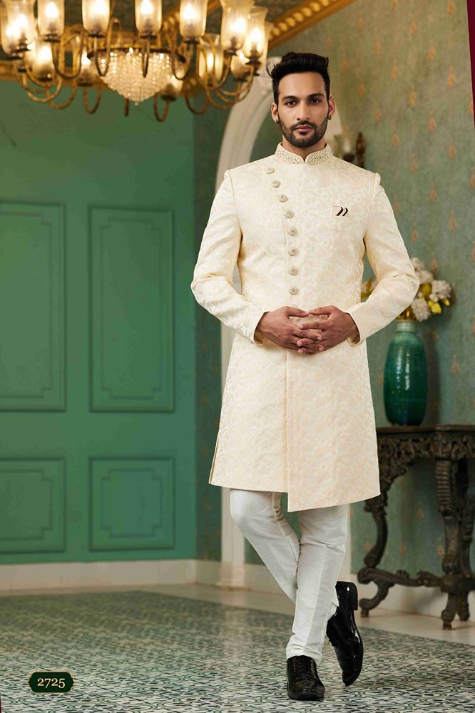 Raivat Ethnic Mens Jacquard Silk Embroidery Work Sherwani In Light Gold Colour - Dista