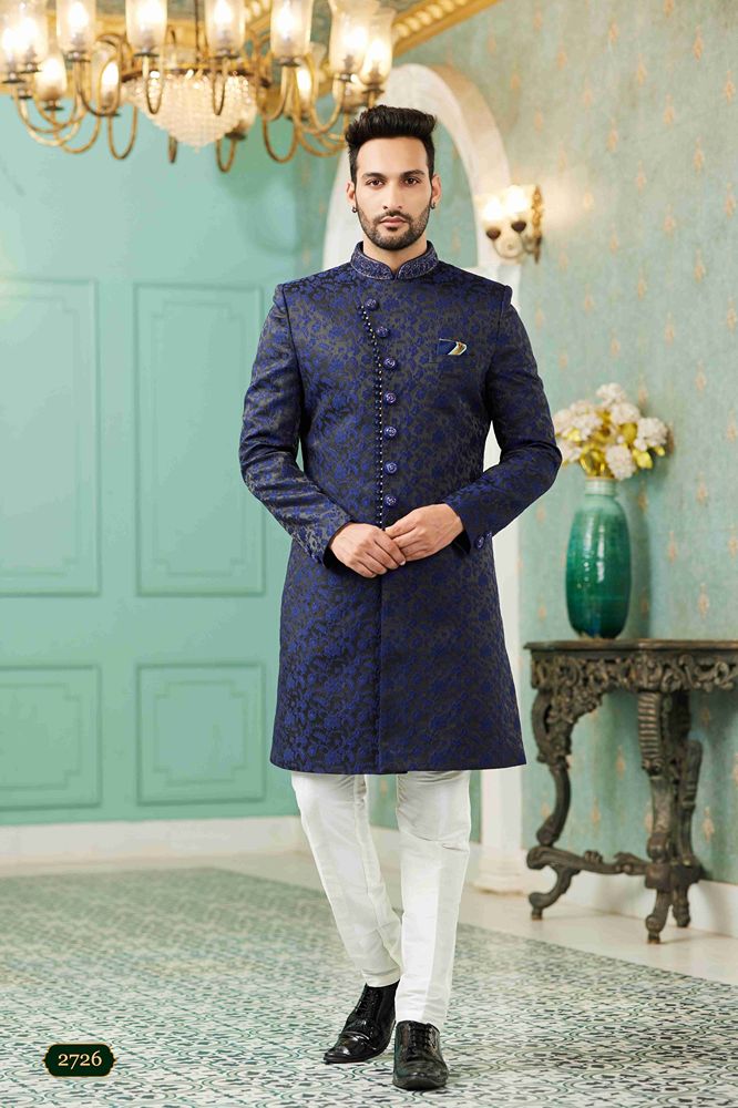 Raivat Ethnic Mens Jacquard Silk Embroidery Work Sherwani In Blue Colour - Dista