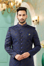 Thumbnail for Raivat Ethnic Mens Jacquard Silk Embroidery Work Sherwani In Blue Colour - Dista