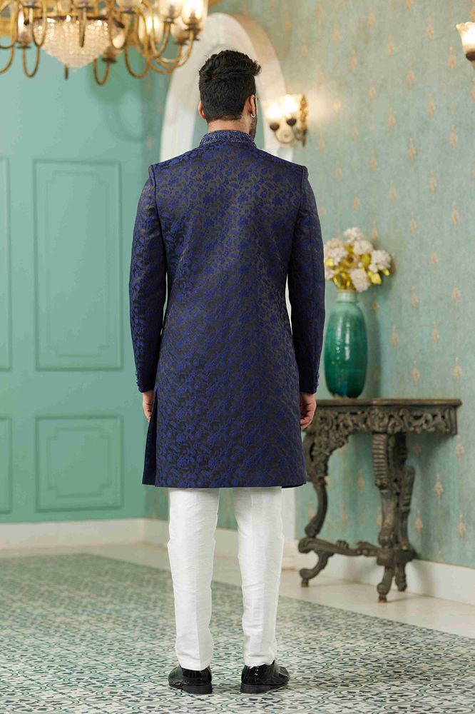 Raivat Ethnic Mens Jacquard Silk Embroidery Work Sherwani In Blue Colour - Dista