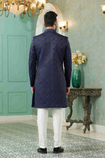 Thumbnail for Raivat Ethnic Mens Jacquard Silk Embroidery Work Sherwani In Blue Colour - Dista