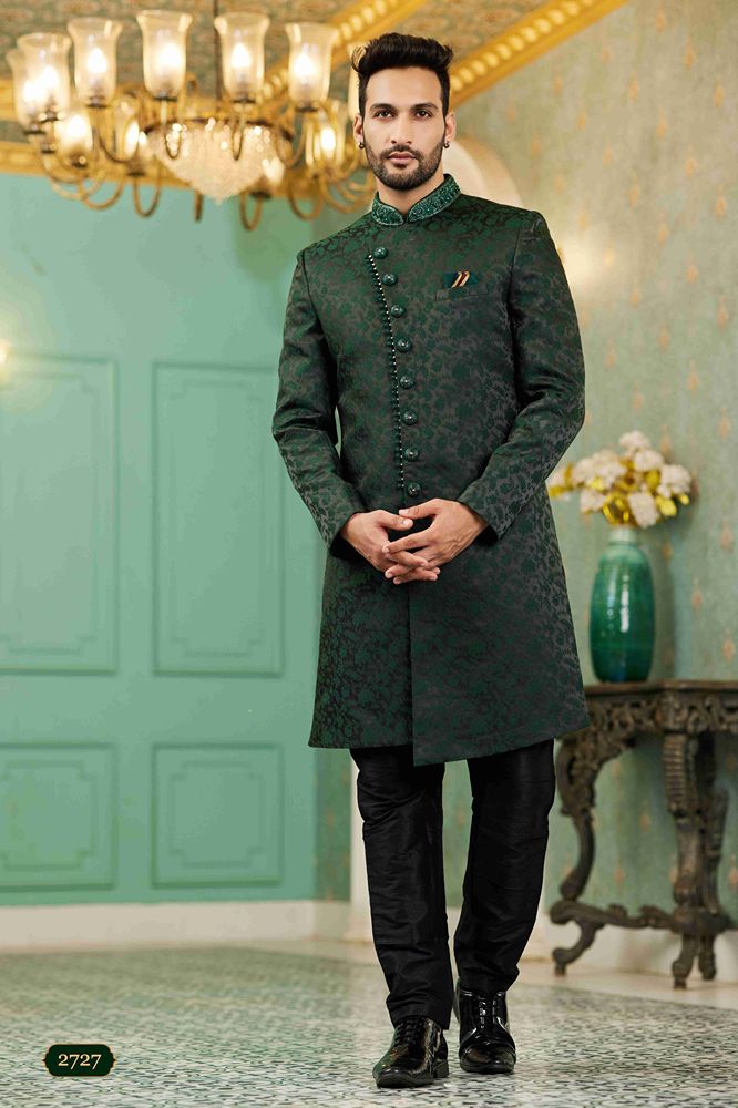 Raivat Ethnic Mens Jacquard Silk Embroidery Work Sherwani In Green Colour - Dista