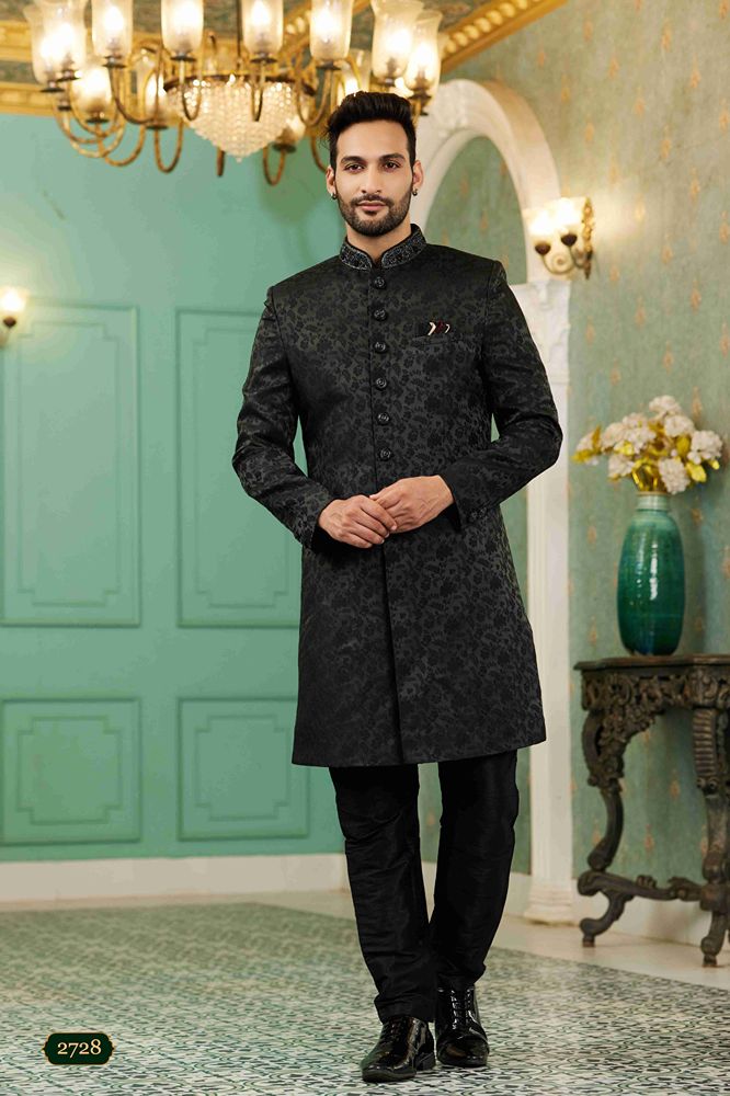 Raivat Ethnic Mens Jacquard Silk Embroidery Work Sherwani In Black Colour - Dista