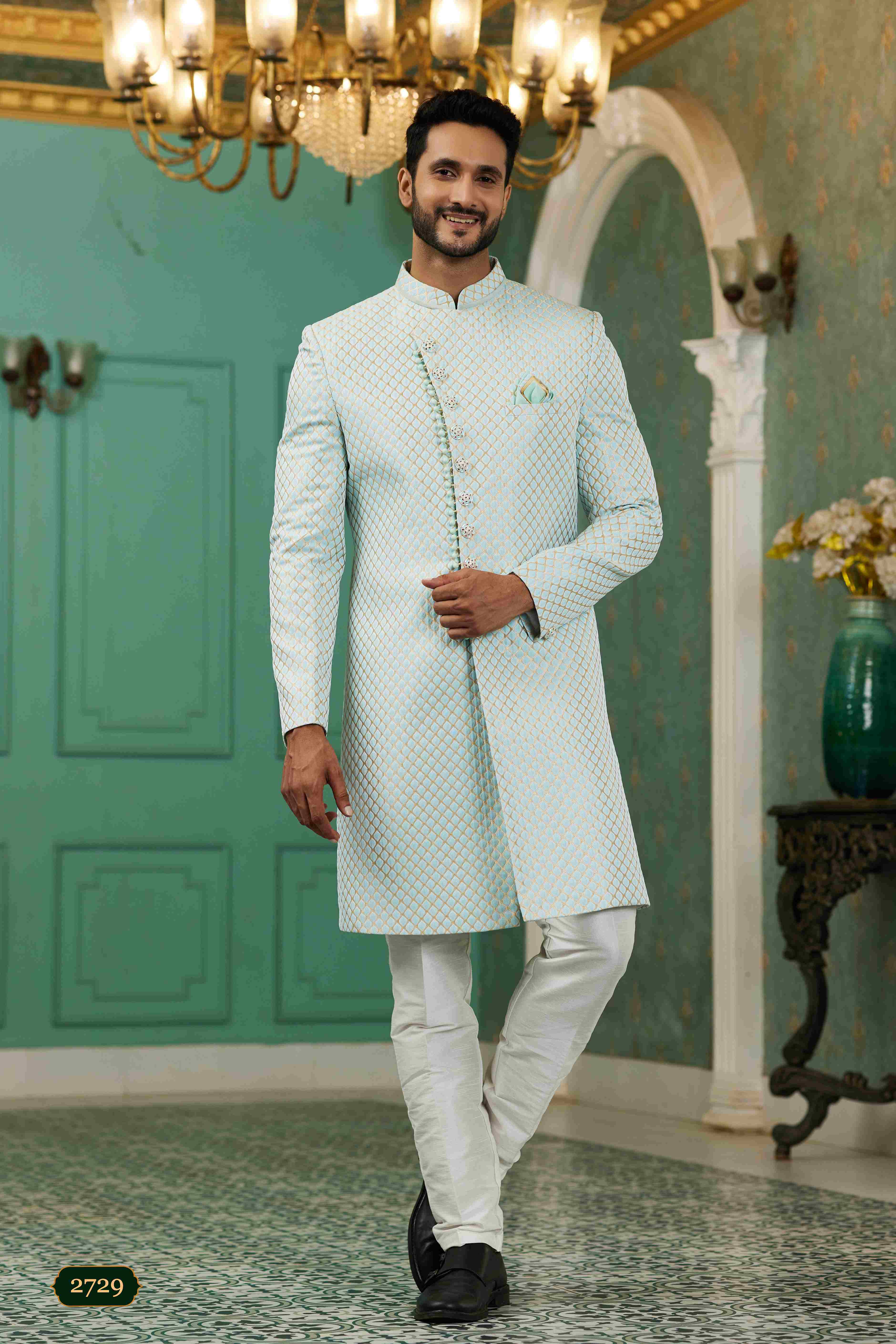 Raivat Ethnic Mens Jacquard Silk Embroidery Work Sherwani In Sky Blue Colour - Dista
