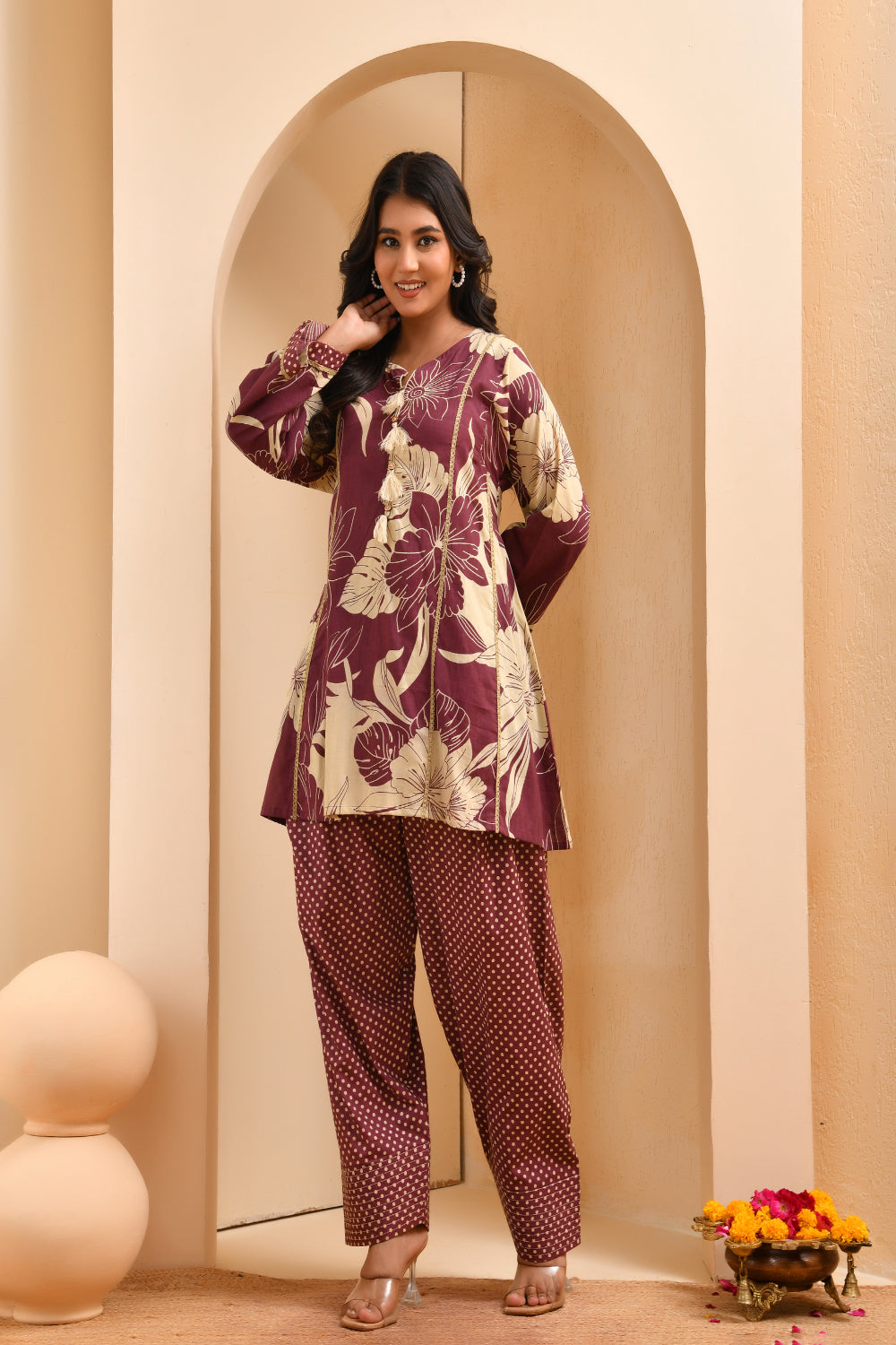 Vaasva Women Brown Cotton Cord Set With Fashi Pant