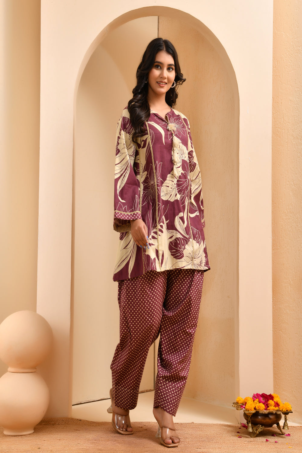 Vaasva Women Brown Cotton Cord Set With Fashi Pant