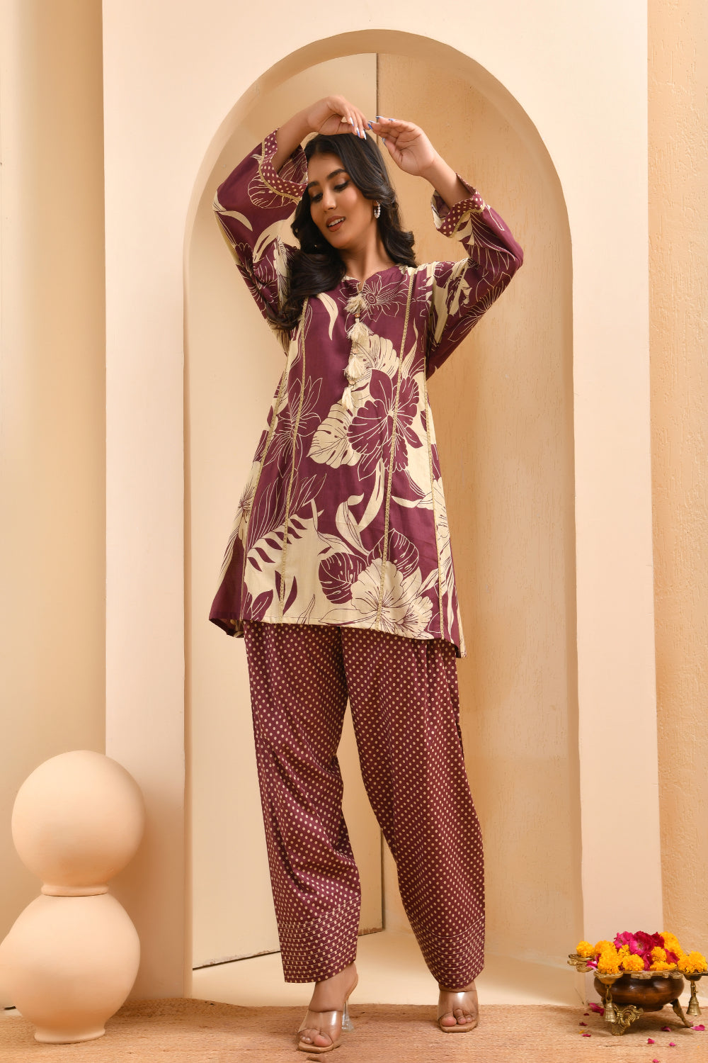 Vaasva Women Brown Cotton Cord Set With Fashi Pant