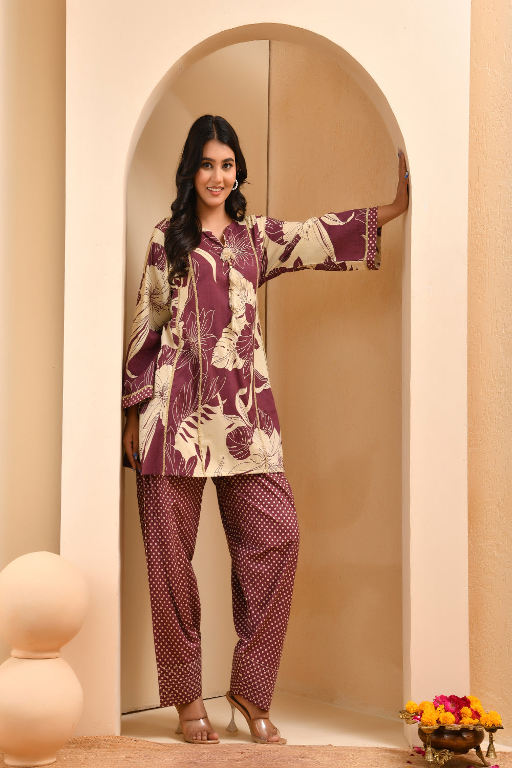 Vaasva Women Brown Cotton Cord Set With Fashi Pant