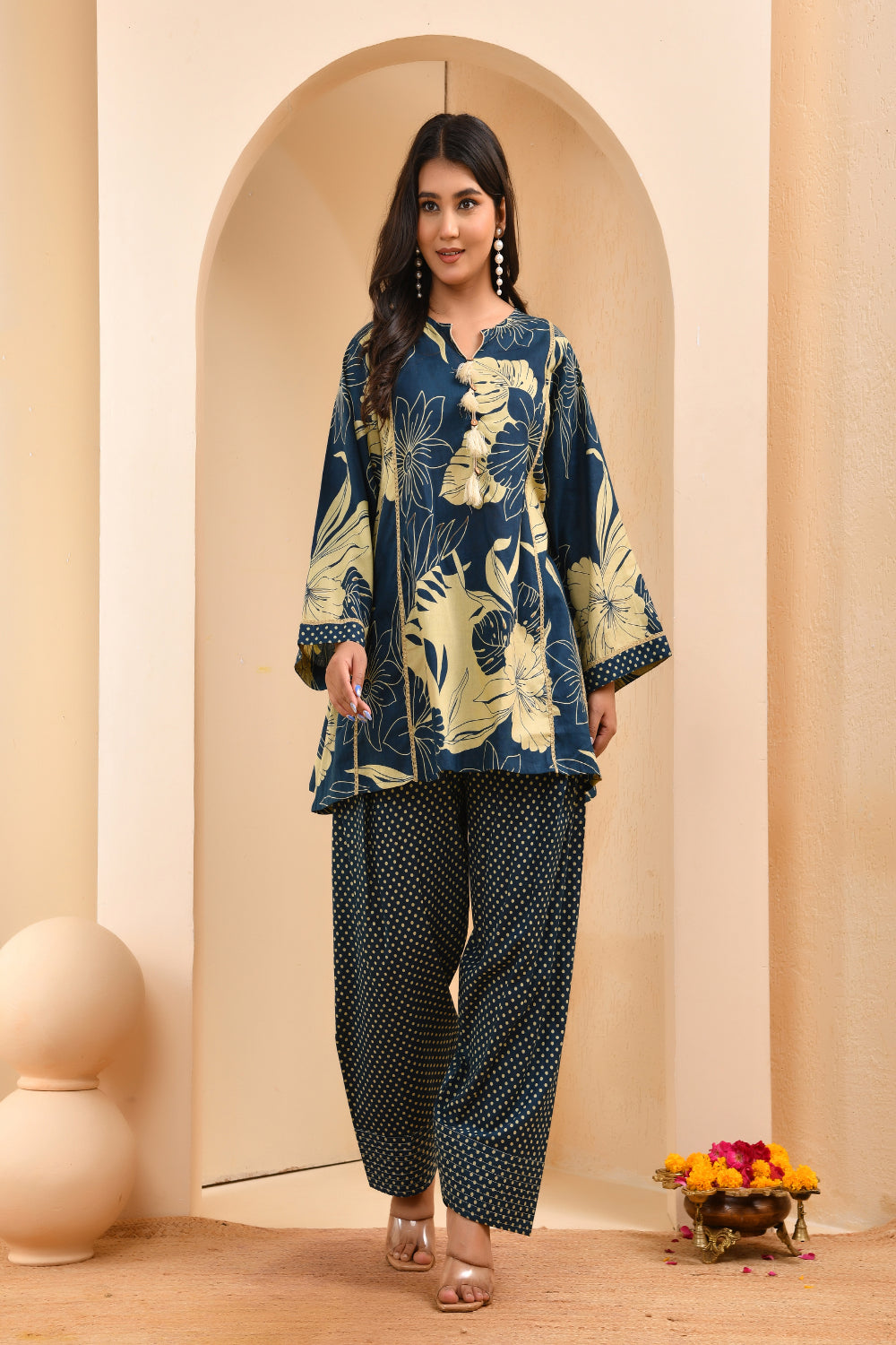 Vaasva Women Cobalt Blue Cotton Cord Set With Fashi Pant - Distacart