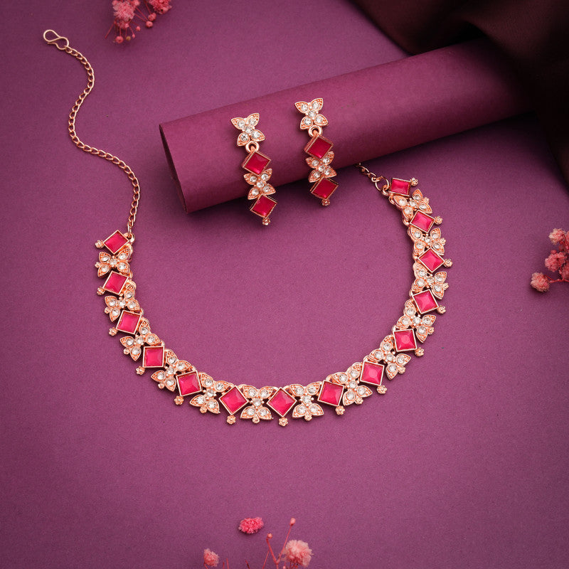 Tehzeeb Creations Rose Gold-Polished Pink Choker Necklace With Dangle Earrings - Distacart