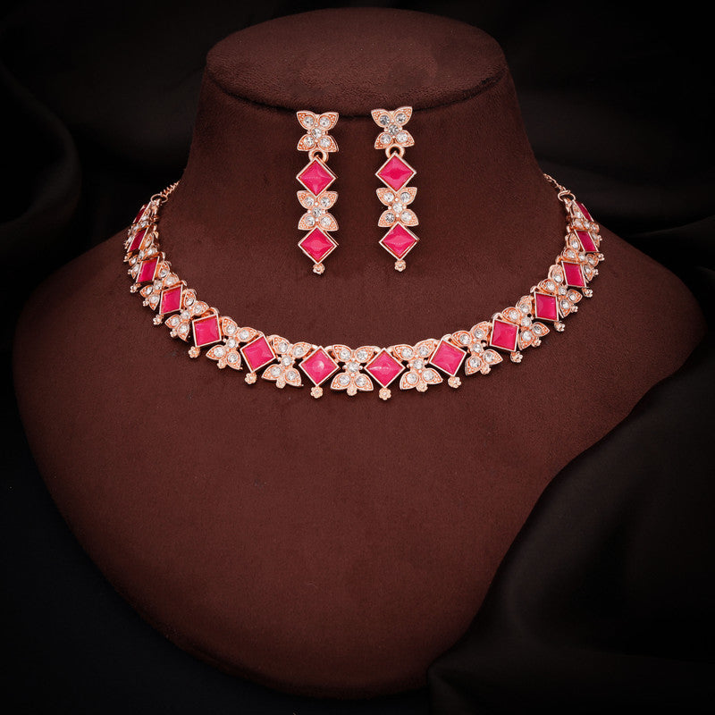 Tehzeeb Creations Rose Gold-Polished Pink Choker Necklace With Dangle Earrings - Distacart