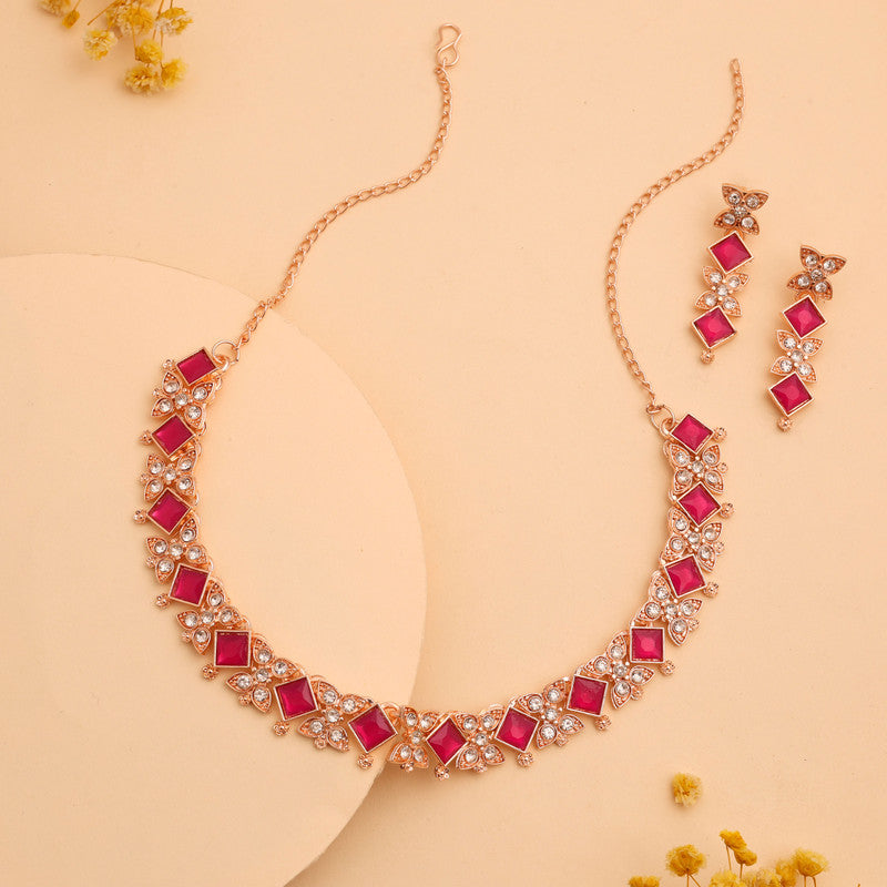 Tehzeeb Creations Rose Gold-Polished Pink Choker Necklace With Dangle Earrings - Distacart