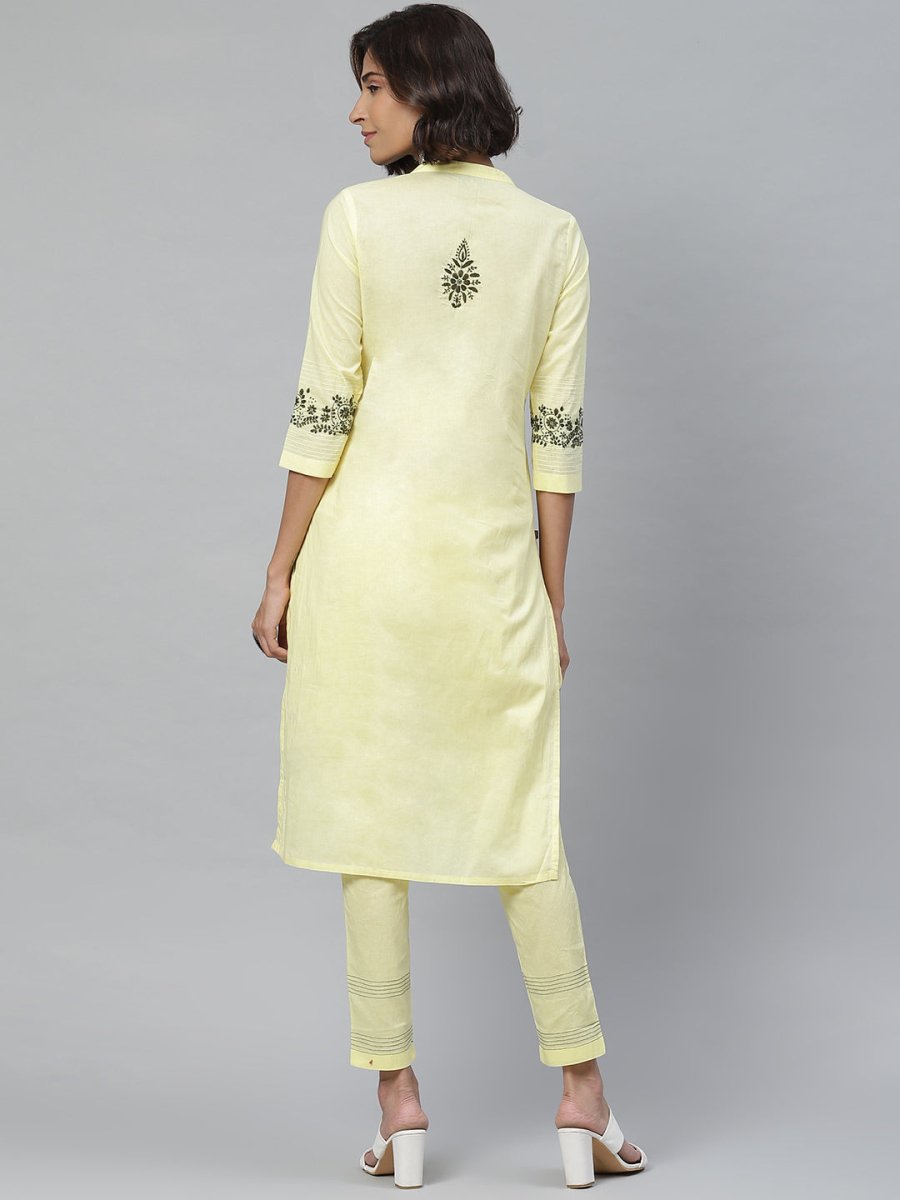 ADA Women Yellow & Olive Green Chikankari Floral Embroidered Sustainable Handloom Kurta with Trousers - Distacart