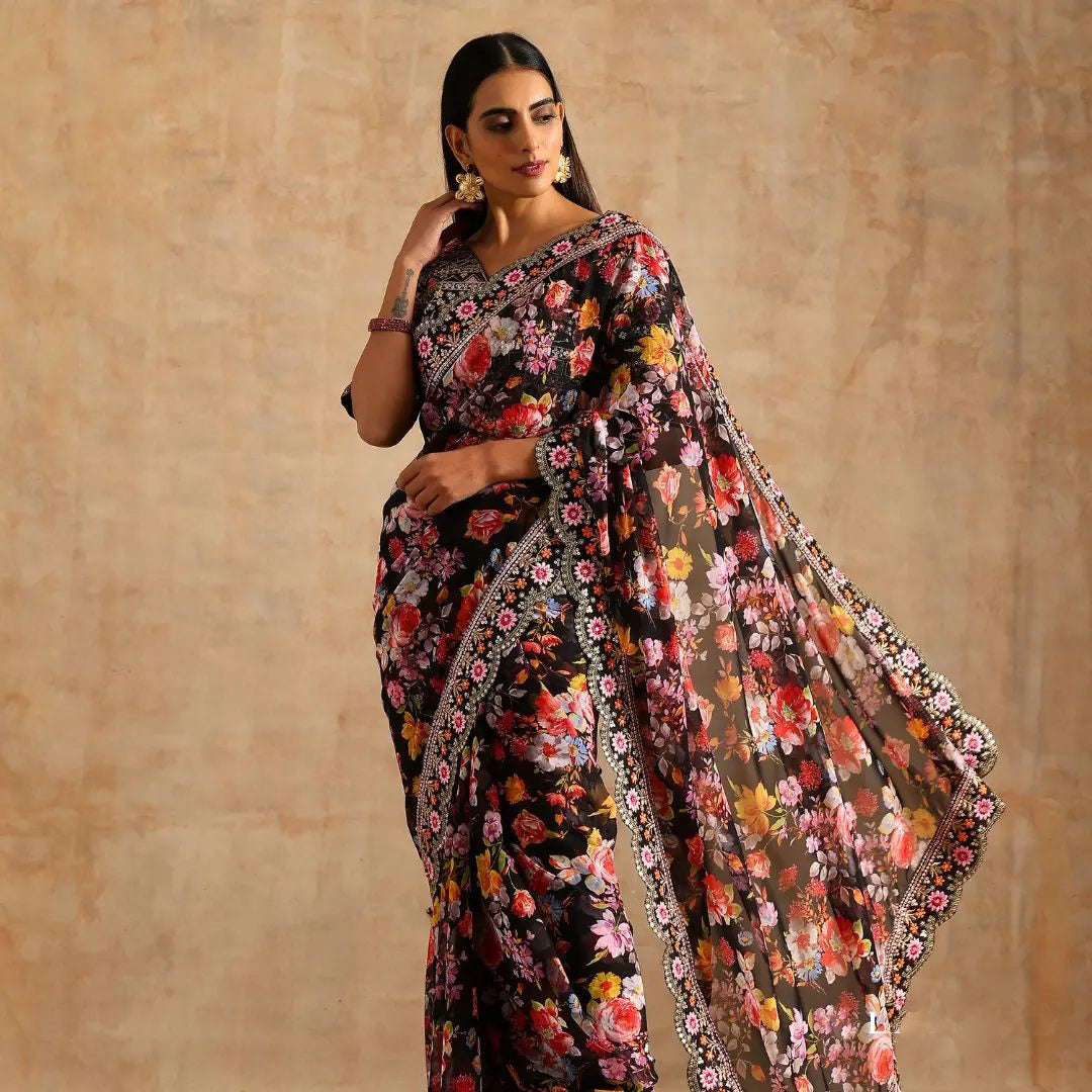 Teeya Creation Black Color Georgette Embroidery Work Saree - Distacart