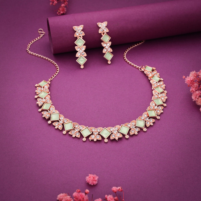 Tehzeeb Creations Rose Gold-Polished Sea Green Choker Necklace With Dangle Earrings - Distacart