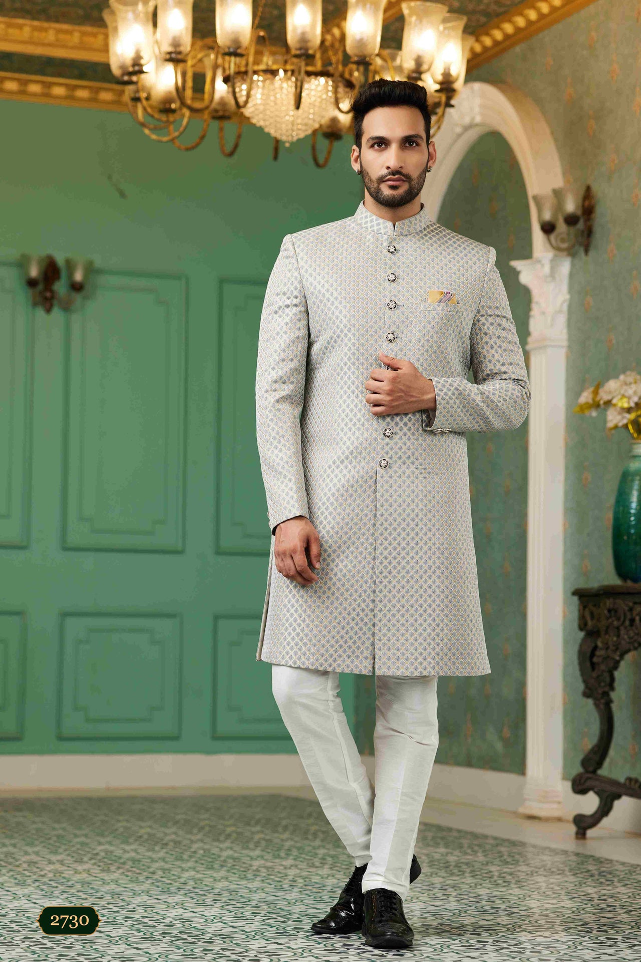 Raivat Ethnic Mens Jacquard Silk Embroidery Work Sherwani In Grey Colour - Dista