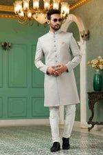 Thumbnail for Raivat Ethnic Mens Jacquard Silk Embroidery Work Sherwani In Grey Colour - Dista
