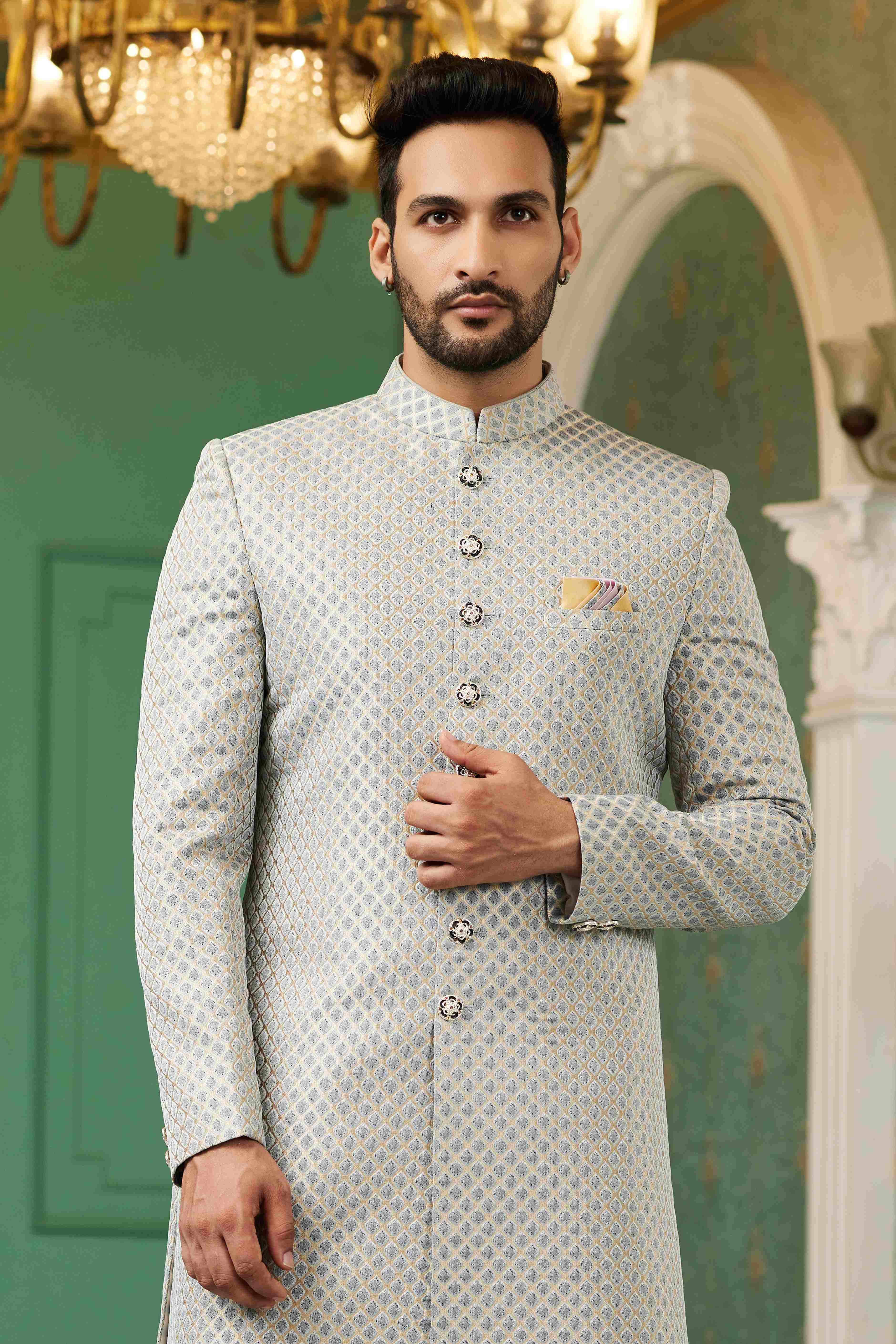 Raivat Ethnic Mens Jacquard Silk Embroidery Work Sherwani In Grey Colour - Dista