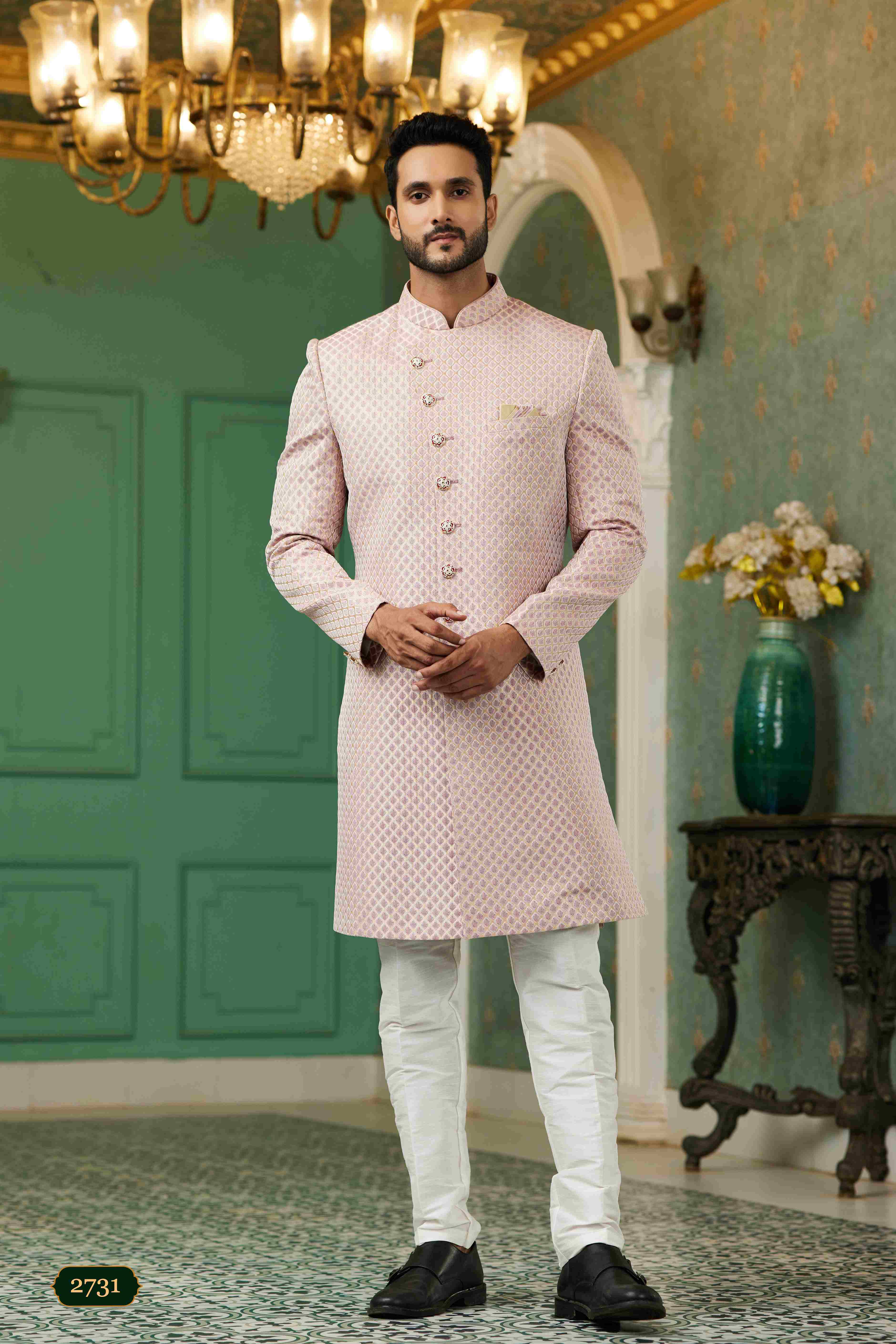 Raivat Ethnic Mens Jacquard Silk Embroidery Work Sherwani In Onion Pink Colour - Dista