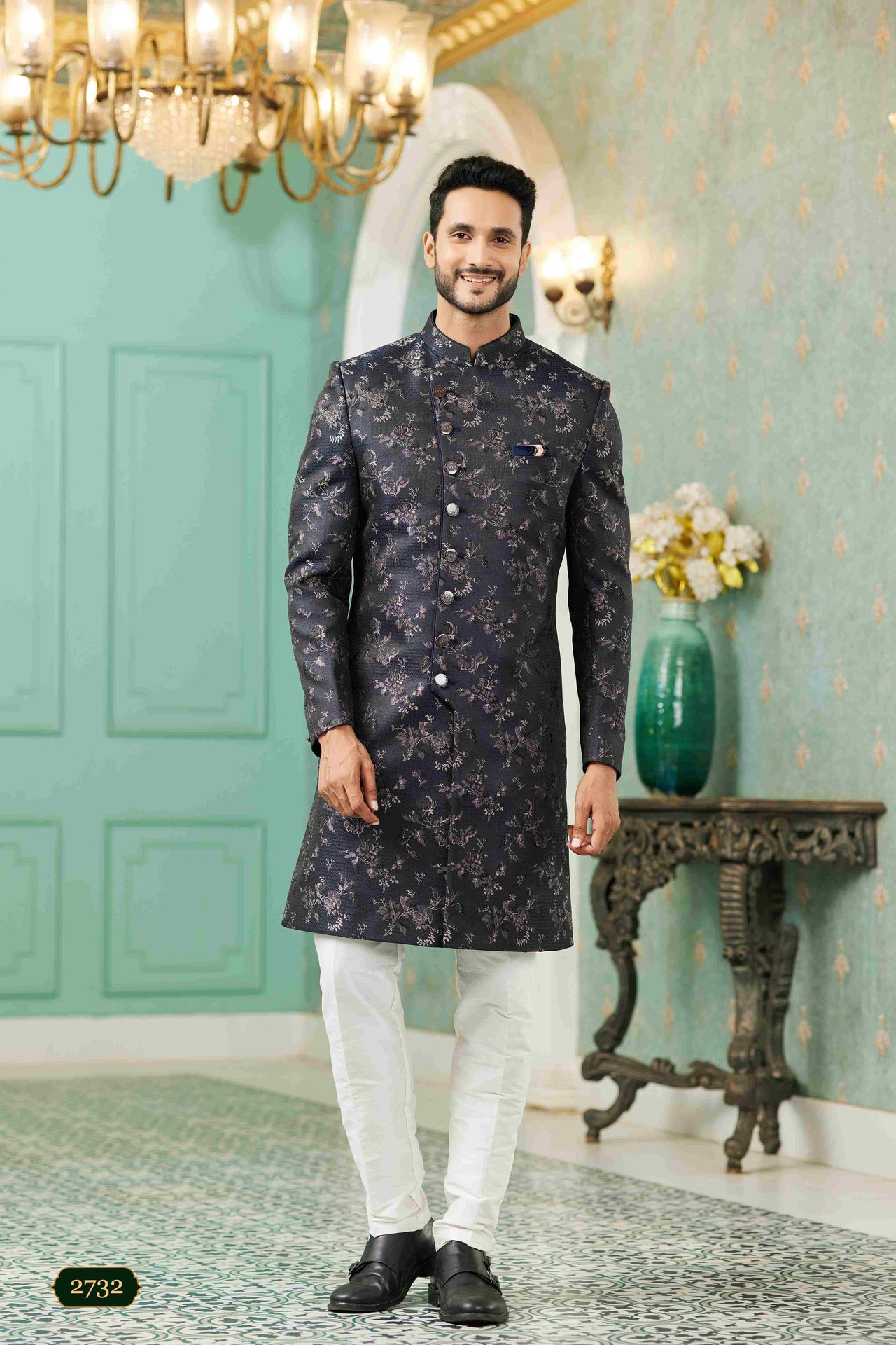 Raivat Ethnic Mens Jacquard Silk Embroidery Work Sherwani In Black Colour - Dista